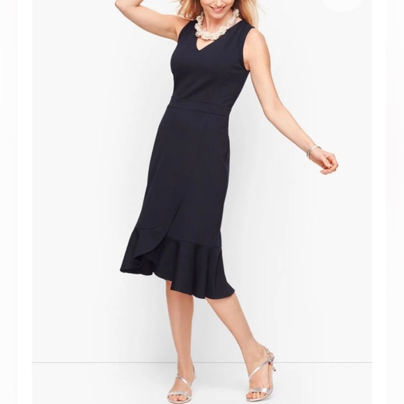 Talbots Ponte Flounce Hem Wrap Style Dress Size 8 Black Midi Dress Cocktail Chic - Picture 1 of 9